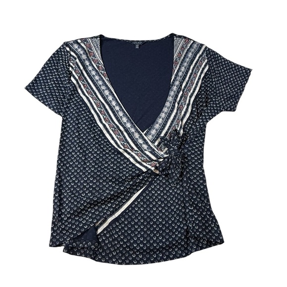 Lucky Brand Blue Navy Hobo Printed V Neck Wrap Tie Cotton Modal Top Blouse Large - Picture 1 of 3
